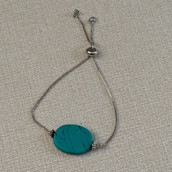 Silver Tone Adjustable Slider Bracelet with Faux Turquoise - Picture 4 of 5